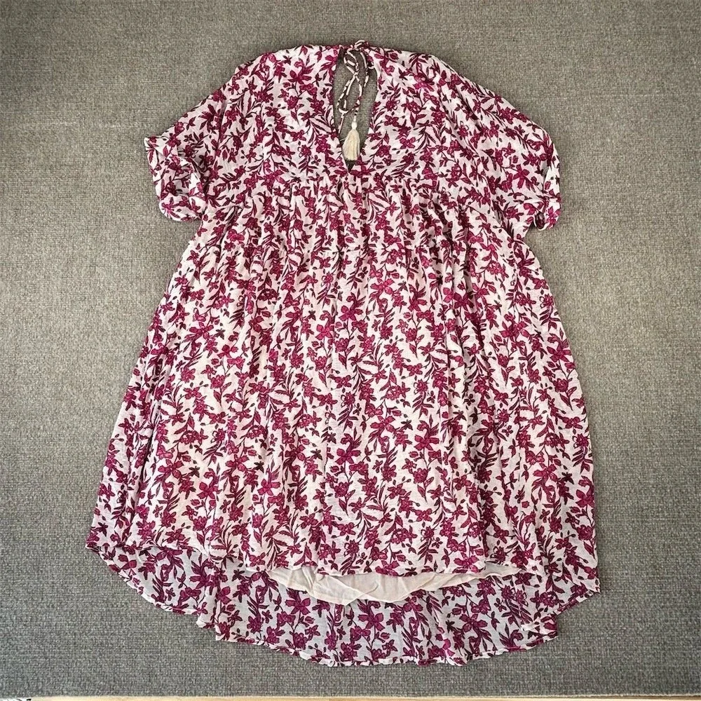 Free People Women's L Pink Floral Tie-Front‎ Midi Dress Bohemian Style